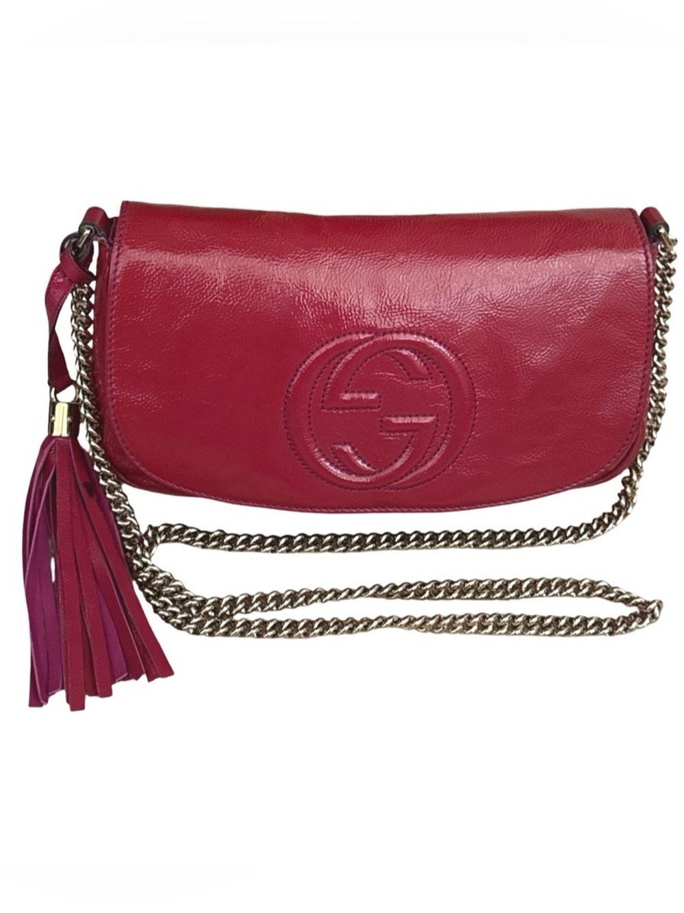 Gucci Soho Medium Raspberry Patent Leather Chain Flap Crossbody Bag Tassel